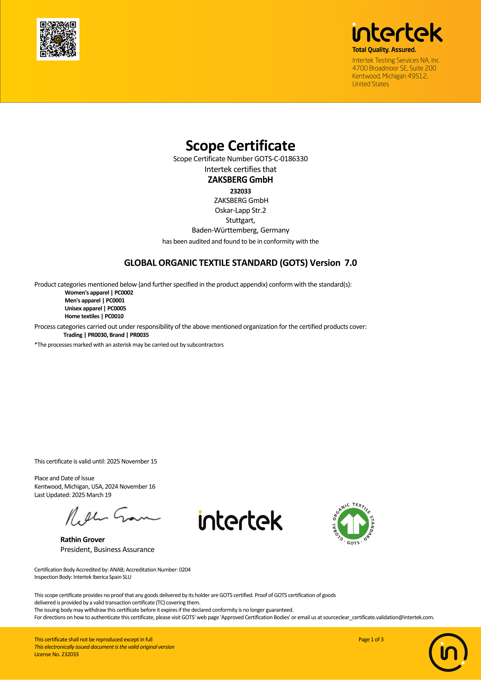 GOTS Certificate Page 1