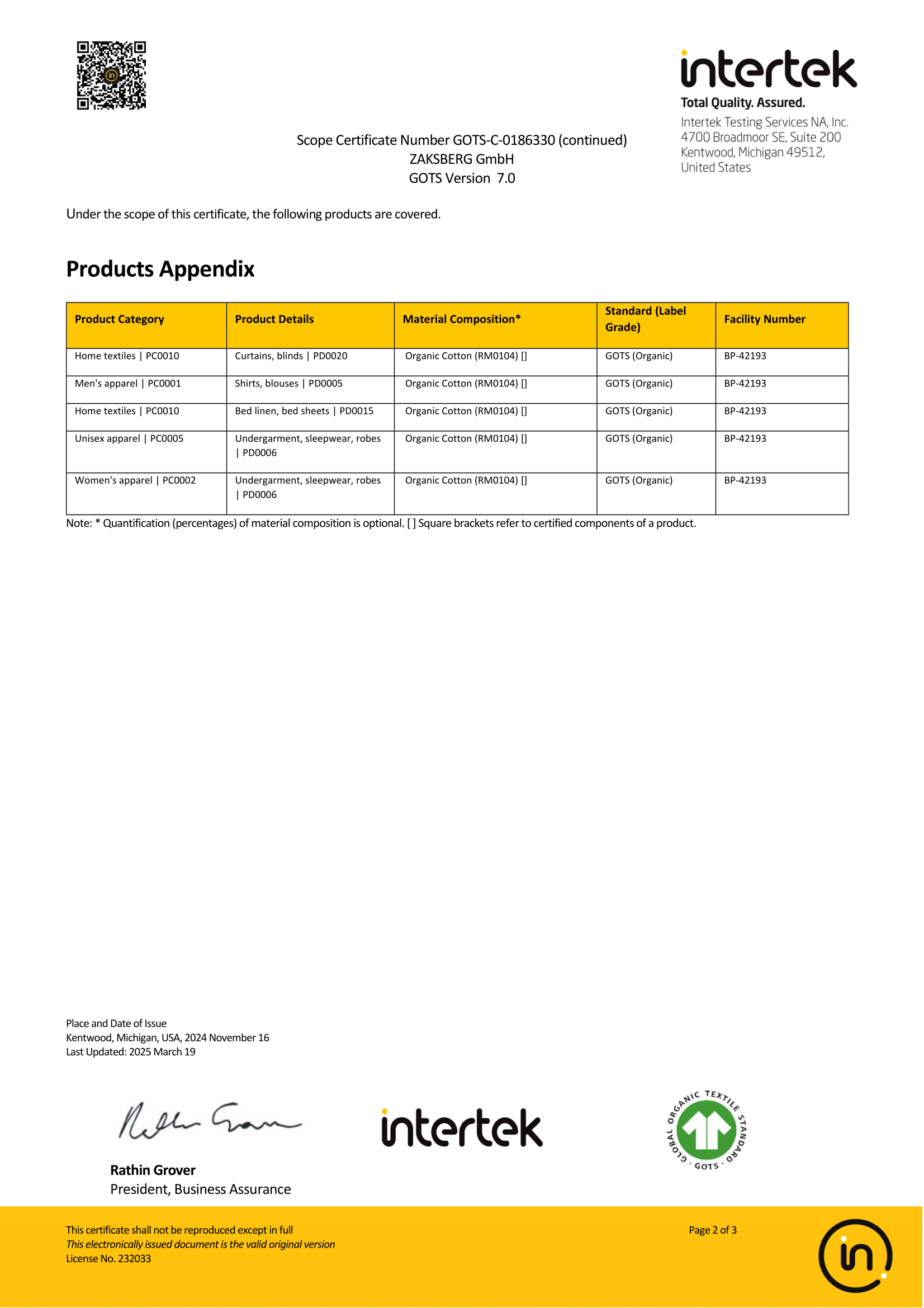 GOTS Certificate Page 2