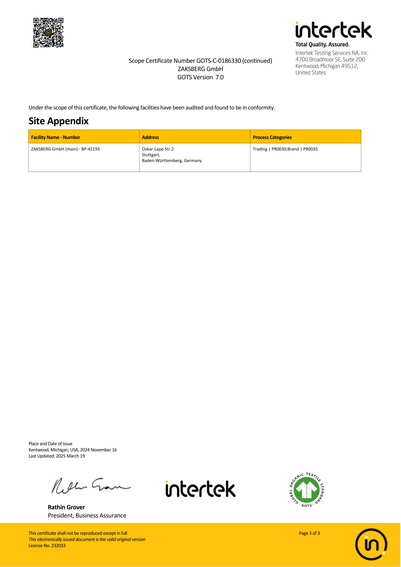 GOTS Certificate Page 3